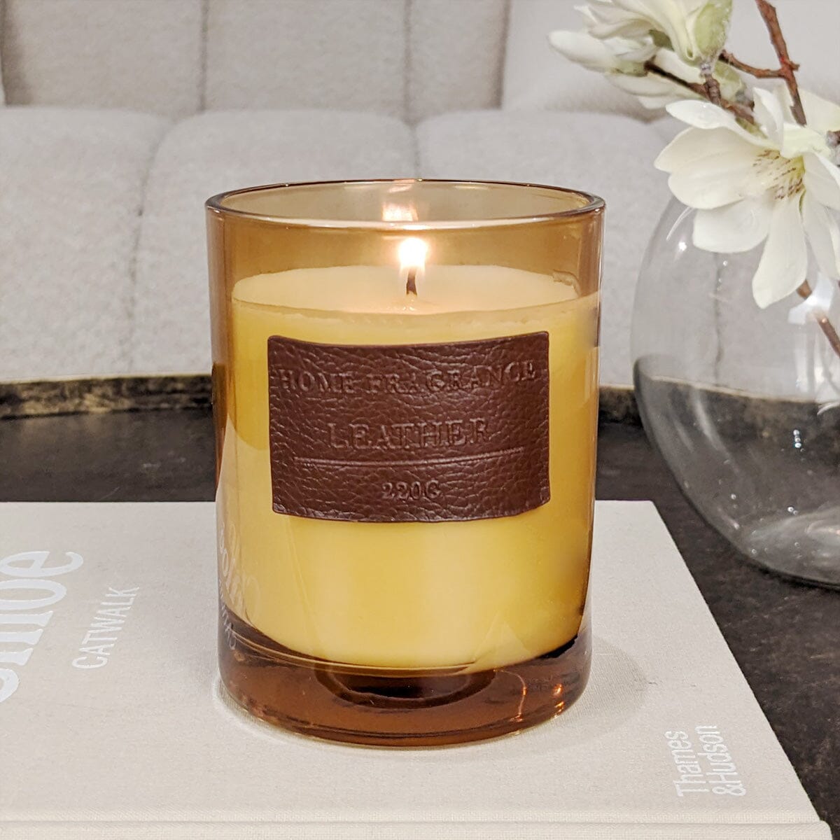 Amber Tinted Glass Leather Candle