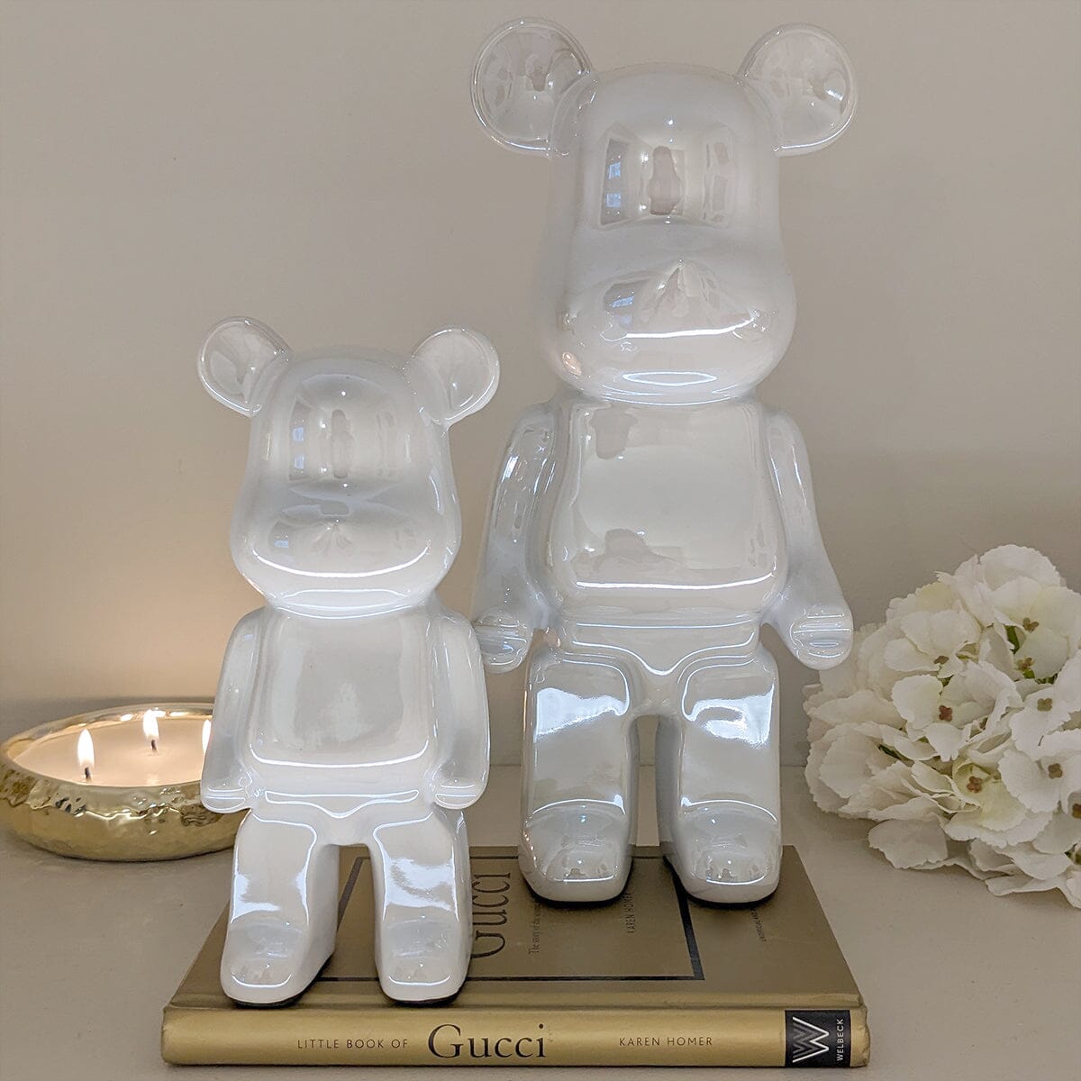 Cream Pearlescent Standing Bear Ornament - Set of 2