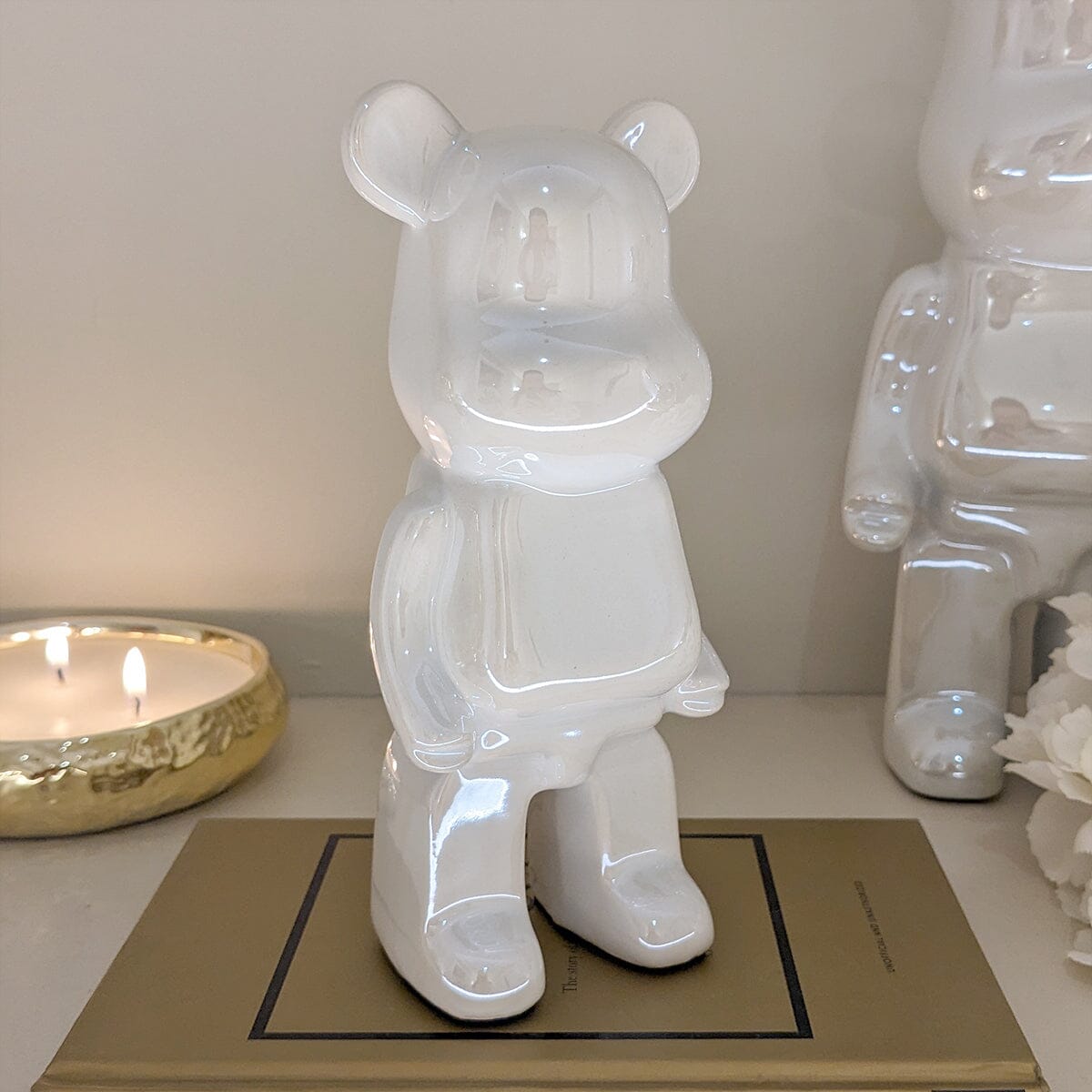 Cream Pearlescent Standing Bear Ornament - Set of 2