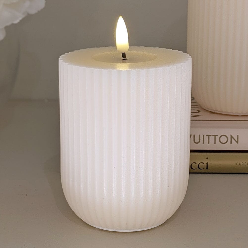 Cream Realistic LED Ribbed Candle - 10cm