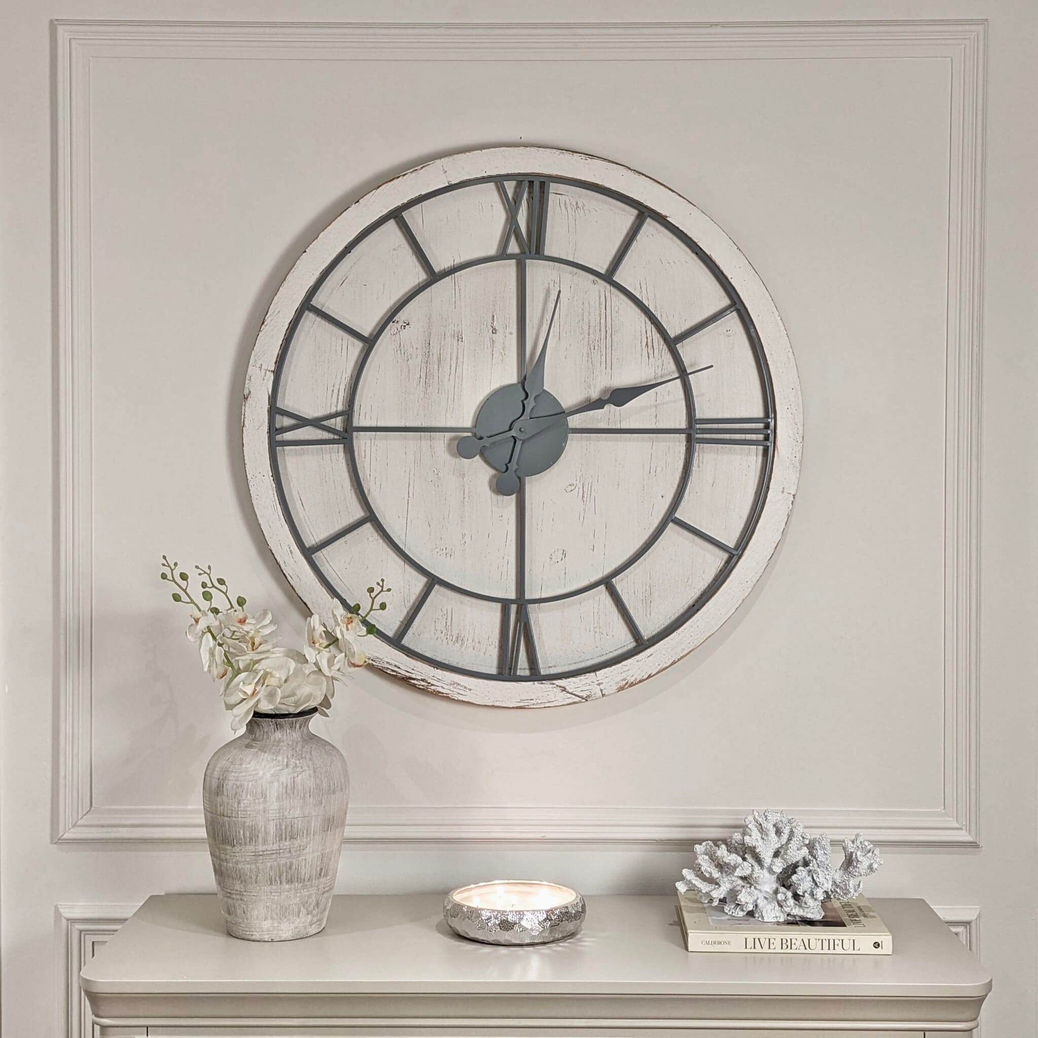 In Stock - Porter Distressed White Wash Round Wall Clock