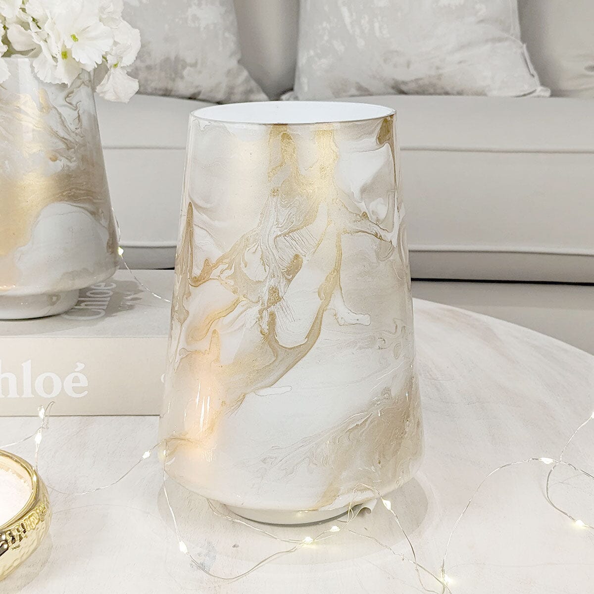 Nolan Marble White & Gold Hurricane Candle Holder / Vase