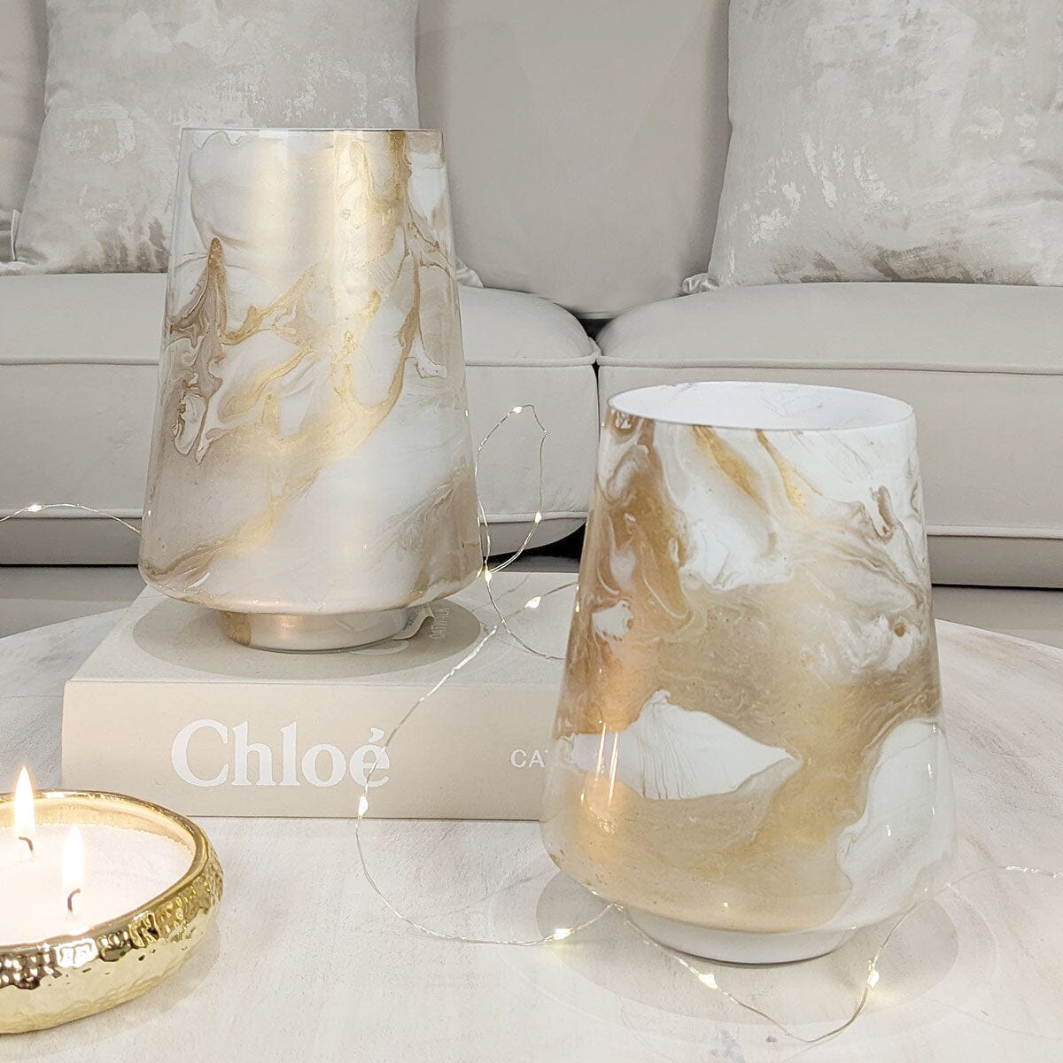 Nolan Marble White & Gold Hurricane Candle Holder / Vase