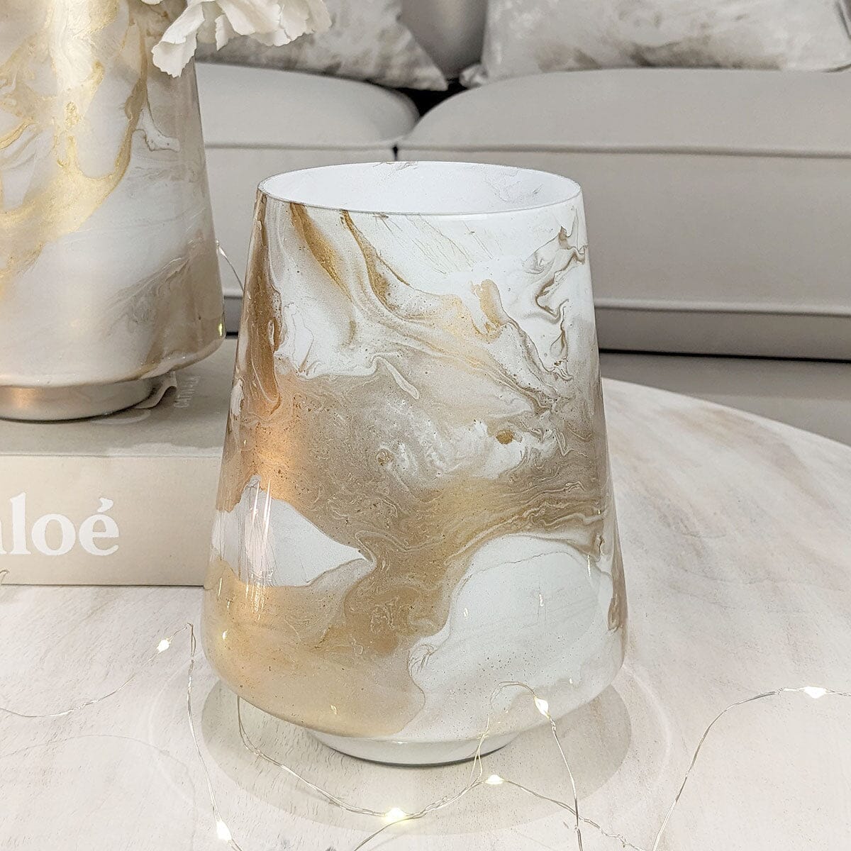 Nolan Petite Marble White & Gold Hurricane Candle Holder / Vase