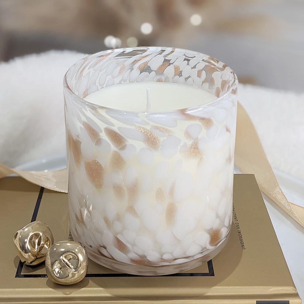 Quinn Fresh Linen Scented White & Gold Patterned Glass Candle