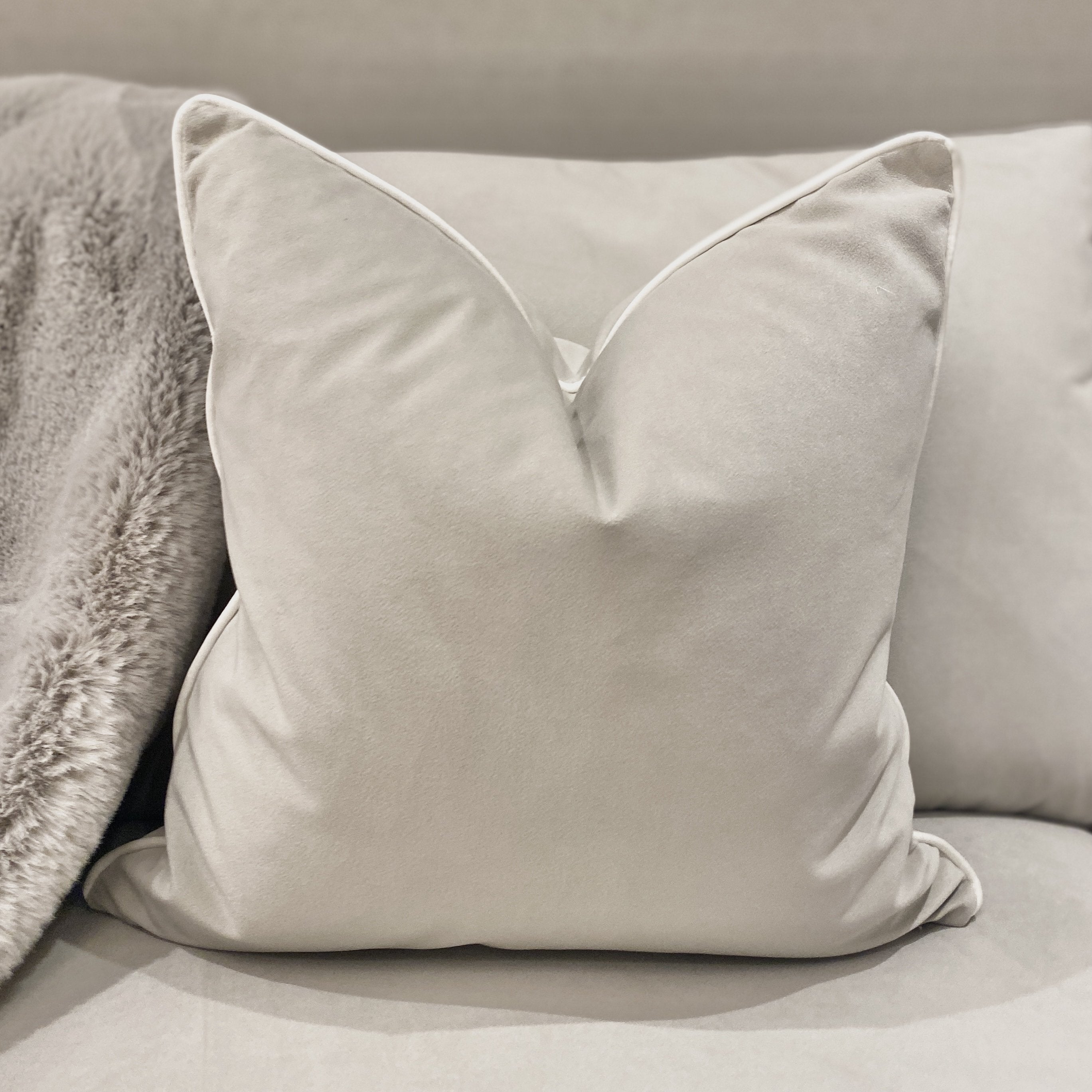 Smoke Grey Velvet Cushion with White Satin Piping - 50 x 50cm